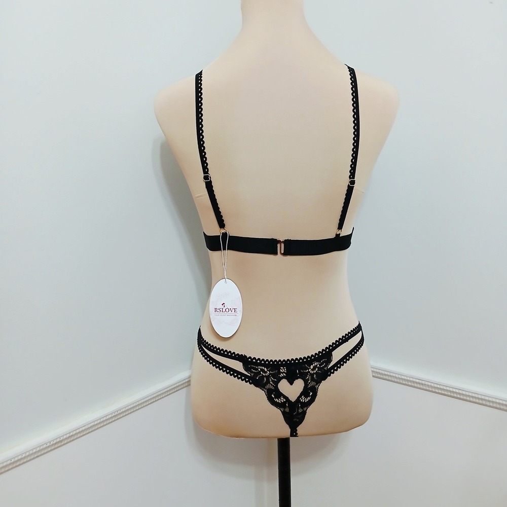 RSLOVE Black Floral Lace Lingerie Set Heart Cutout Bralette Thong Size M NEW - Picture 3 of 8